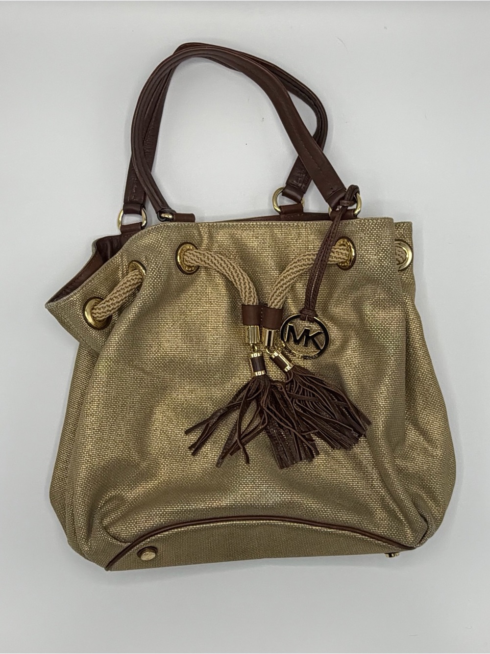 Michael Kors Metallic Gold Drawstring Shoulder Bag with Brown Trim